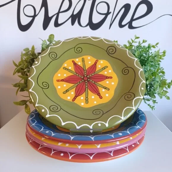 Pier 1 Hand-Painted Ironstone Salad Plate Set | 4 Piece | 8.25” Diameter - Picture 1 of 7